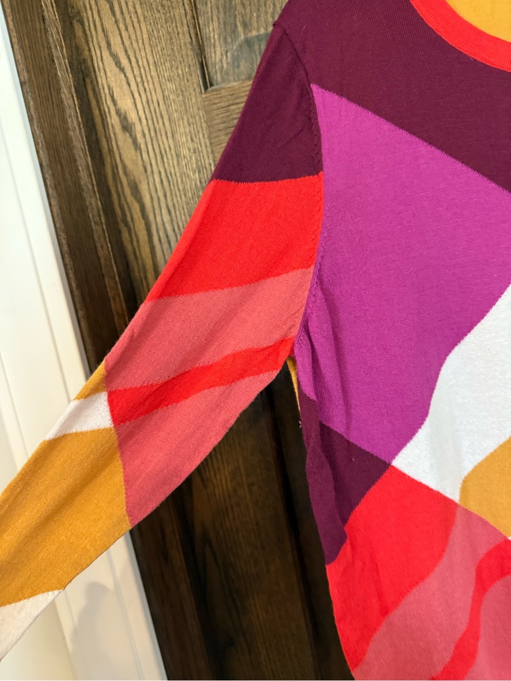 Boden Multicolor Geometric Crewneck Sweater — Red, Pink, Purple, Yellow, White - Picture 4 of 10